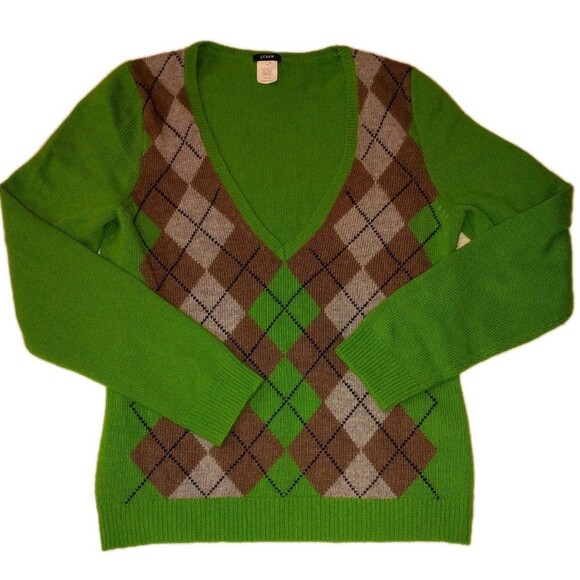 J. Crew Sweaters - VTG J.Crew Holiday 2006 Argyle V-Neck Sweater Lime Green Merino Wool Blend M